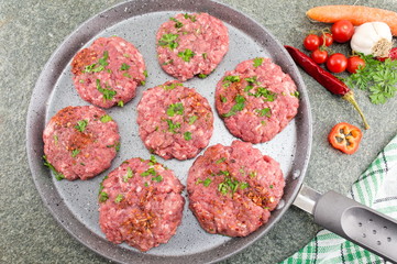 Raw meatballs ready for frying on a pan