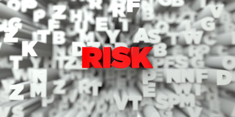 RISK -  Red text on typography background - 3D rendered royalty free stock image. This image can be used for an online website banner ad or a print postcard.