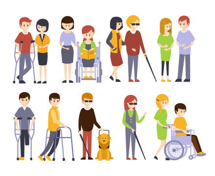Physically Handicapped People Receiving Help And Support From Their Friends And Family, Enjoying Full Life With Disability Set Of Illustrations With Smiling Disabled Men And Women