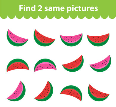 Children's educational game. Find two same pictures. Set of watermelon, for the game find two same pictures. Vector illustration.