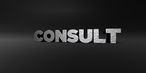 CONSULT - hammered metal finish text on black studio - 3D rendered royalty free stock photo. This image can be used for an online website banner ad or a print postcard.