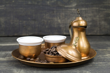 Turkish coffee with traditional copper serving set