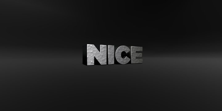 NICE - hammered metal finish text on black studio - 3D rendered royalty free stock photo. This image can be used for an online website banner ad or a print postcard.