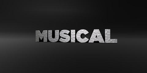 MUSICAL - hammered metal finish text on black studio - 3D rendered royalty free stock photo. This image can be used for an online website banner ad or a print postcard.