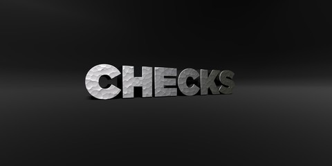 CHECKS - hammered metal finish text on black studio - 3D rendered royalty free stock photo. This image can be used for an online website banner ad or a print postcard.