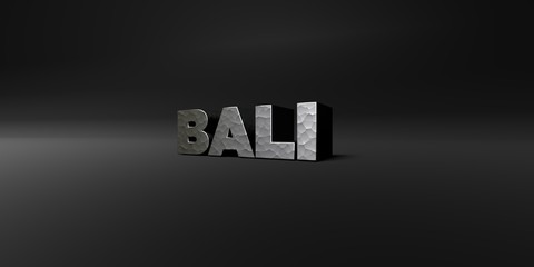 BALI - hammered metal finish text on black studio - 3D rendered royalty free stock photo. This image can be used for an online website banner ad or a print postcard.