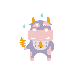Violet Cow Wearing Bell With Oak Leaf Under Rain In Autumn Standing Upright Humanized Animal Character Illustration In Funky Decorative Style