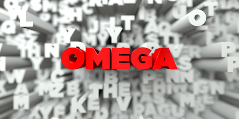 OMEGA -  Red text on typography background - 3D rendered royalty free stock image. This image can be used for an online website banner ad or a print postcard.