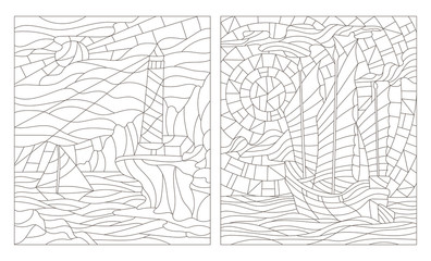 Obraz premium Set contour illustrations of seascapes, dark outline on a white background