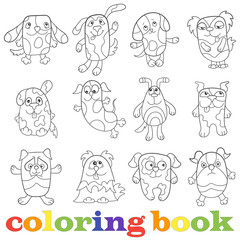 Illustration with set of contour funny dogs, coloring book