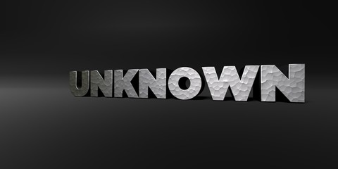 UNKNOWN - hammered metal finish text on black studio - 3D rendered royalty free stock photo. This image can be used for an online website banner ad or a print postcard.
