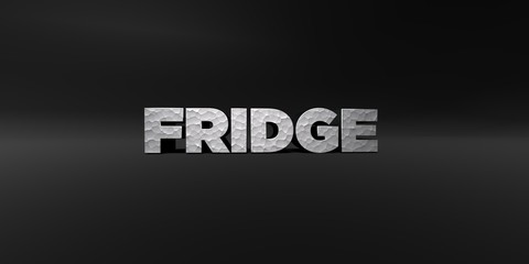 FRIDGE - hammered metal finish text on black studio - 3D rendered royalty free stock photo. This image can be used for an online website banner ad or a print postcard.