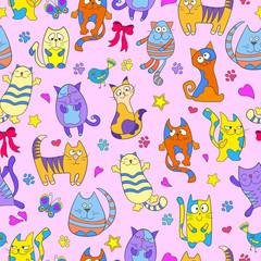 Seamless pattern with funny cartoon cats on pink background