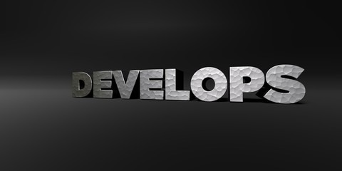DEVELOPS - hammered metal finish text on black studio - 3D rendered royalty free stock photo. This image can be used for an online website banner ad or a print postcard.