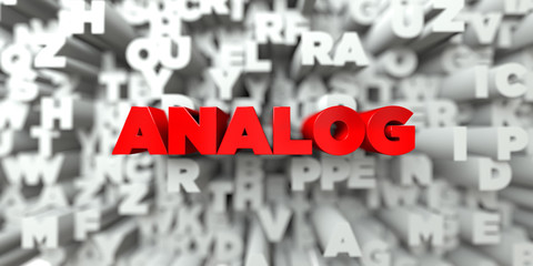 ANALOG -  Red text on typography background - 3D rendered royalty free stock image. This image can be used for an online website banner ad or a print postcard.