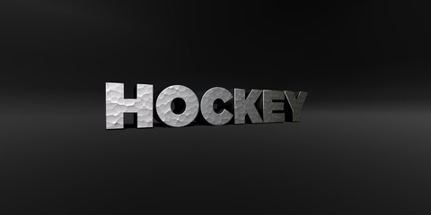 HOCKEY - hammered metal finish text on black studio - 3D rendered royalty free stock photo. This image can be used for an online website banner ad or a print postcard.