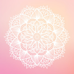 Fototapeta na wymiar Round mandala on dreamy gradient background. Translucent mesh pattern in the form of a mandala. Mandala with floral patterns. Yoga template.