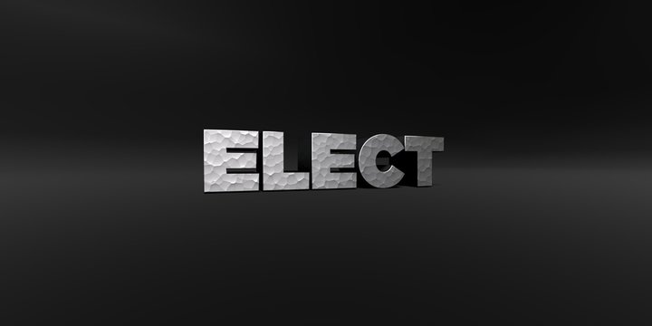 ELECT - hammered metal finish text on black studio - 3D rendered royalty free stock photo. This image can be used for an online website banner ad or a print postcard.