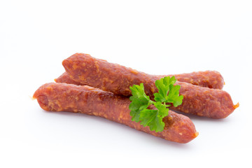Smoked sausage salami isolated on a white background.