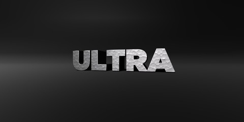ULTRA - hammered metal finish text on black studio - 3D rendered royalty free stock photo. This image can be used for an online website banner ad or a print postcard.