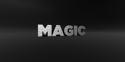 MAGIC - hammered metal finish text on black studio - 3D rendered royalty free stock photo. This image can be used for an online website banner ad or a print postcard.