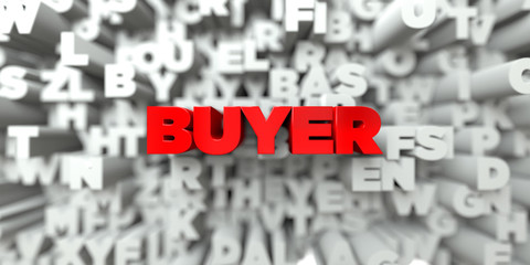 BUYER -  Red text on typography background - 3D rendered royalty free stock image. This image can be used for an online website banner ad or a print postcard.