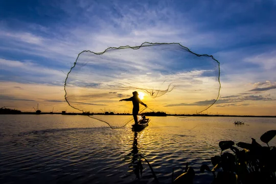 Fisherman Throwing Fishing Net During Sunrise Stock Photo 370856138