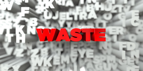 WASTE -  Red text on typography background - 3D rendered royalty free stock image. This image can be used for an online website banner ad or a print postcard.