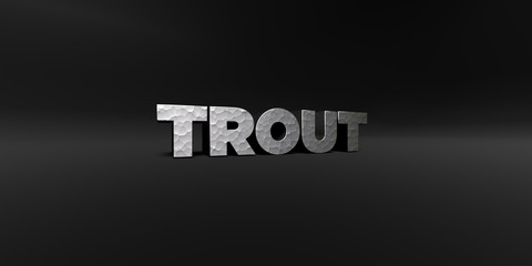 TROUT - hammered metal finish text on black studio - 3D rendered royalty free stock photo. This image can be used for an online website banner ad or a print postcard.