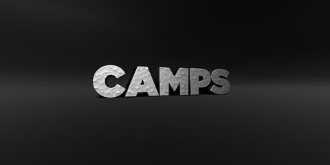 CAMPS - hammered metal finish text on black studio - 3D rendered royalty free stock photo. This image can be used for an online website banner ad or a print postcard.