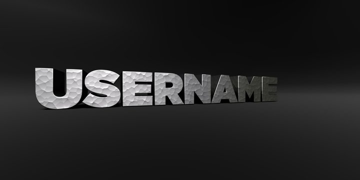USERNAME - hammered metal finish text on black studio - 3D rendered royalty free stock photo. This image can be used for an online website banner ad or a print postcard.