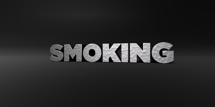 SMOKING - hammered metal finish text on black studio - 3D rendered royalty free stock photo. This image can be used for an online website banner ad or a print postcard.