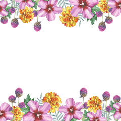 Wildflower marigold, hibiscus, gomphrena frame in a watercolor style isolated.