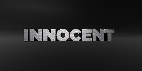 INNOCENT - hammered metal finish text on black studio - 3D rendered royalty free stock photo. This image can be used for an online website banner ad or a print postcard.