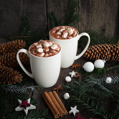 Hot chocolate with marshmallows spices on the old wooden background. Coffee, cocoa, cinnamon, star anise, cozy and christmas tree branches. Christmas Still Life