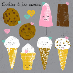 Vector set with ice creams and cookies and hearts in cartoon and