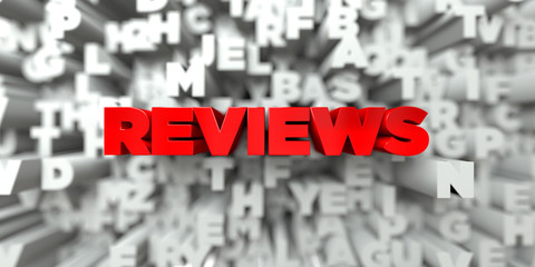 REVIEWS -  Red text on typography background - 3D rendered royalty free stock image. This image can be used for an online website banner ad or a print postcard.