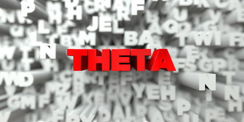 THETA -  Red text on typography background - 3D rendered royalty free stock image. This image can be used for an online website banner ad or a print postcard.