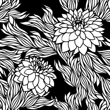 Vector seamless floral pattern black and white monochrome