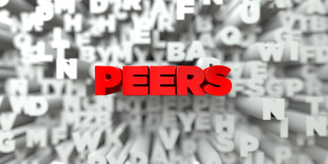 PEERS -  Red text on typography background - 3D rendered royalty free stock image. This image can be used for an online website banner ad or a print postcard.