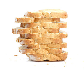 Sliced bread vertical drop on white background.