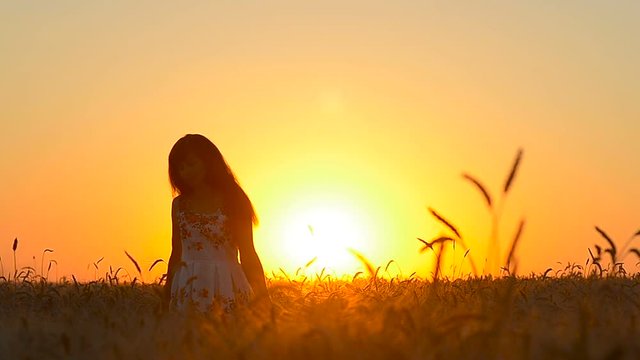 girl dancing in sunset in a wheat field, silhouette of a girl with long hair, stalk of wheat in sun, on background sunset