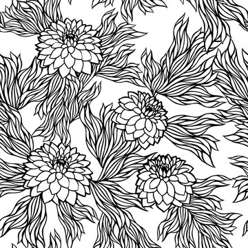 Vector seamless floral pattern black and white monochrome