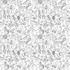 Black and white Sport and fitness seamless doodle pattern