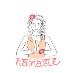 Welcome gesture of hands of Indian woman character in Namaste mudra, banner