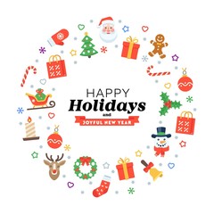 Christmas wreath of flat seasonal pictograms with Happy Holidays inscription
