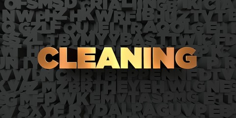 Cleaning - Gold text on black background - 3D rendered royalty free stock picture. This image can be used for an online website banner ad or a print postcard.