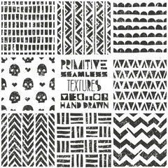 Set of 8 primitive geometric patterns. Tribal seamless backgrounds. Stylish trendy print. Modern abstract wallpaper. Vector illustration. - 126409239