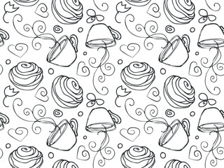 Black and white cookie and tea seamless pattern. Line vintage icons, sweet elements background for menu, cafe.