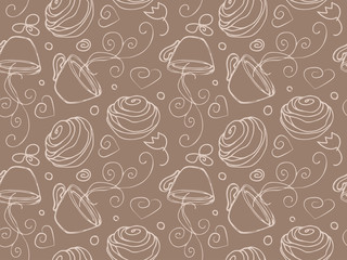 Cookie and tea seamless pattern. Line vintage icons,sweet elements background formenu,cafe shop. Flat hand drawn vintage collection. Backdrop,fabric,wallpaper